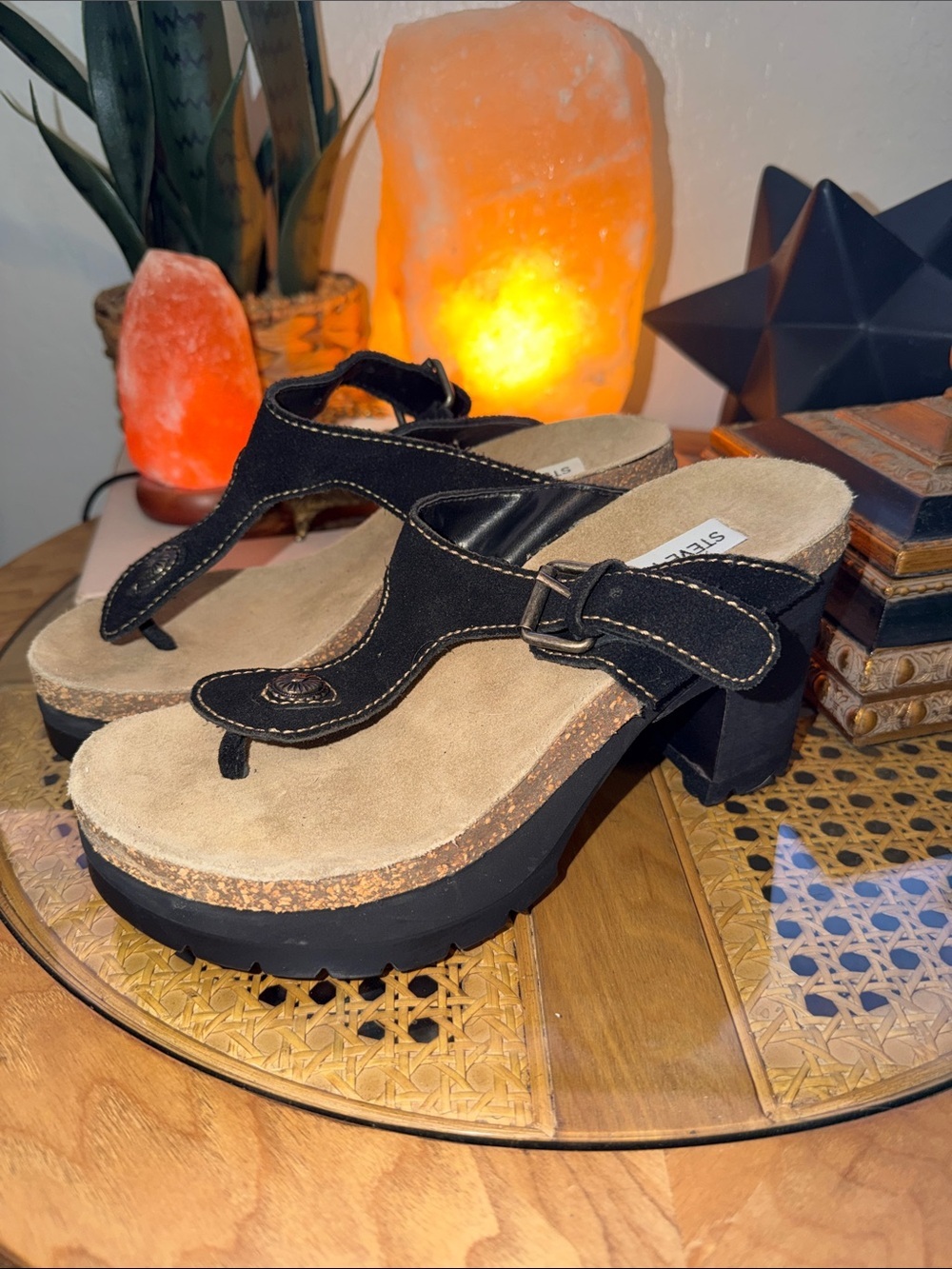 Steve Madden Black Suede Cork Platform Thong Sandals